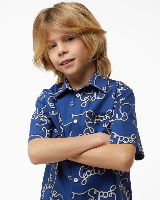 Kids GCDS Junior Allover Cotton Shirt Blue 0FVX731