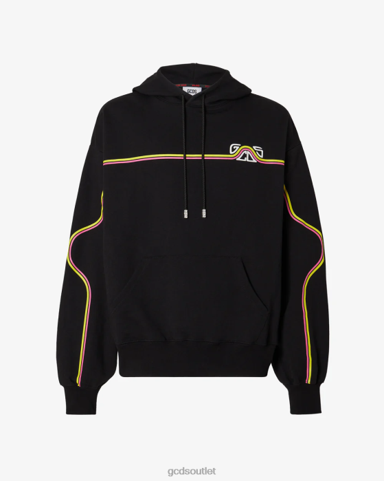 Men GCDS Waved Logo Oversized Hoodie Black 0FVX65