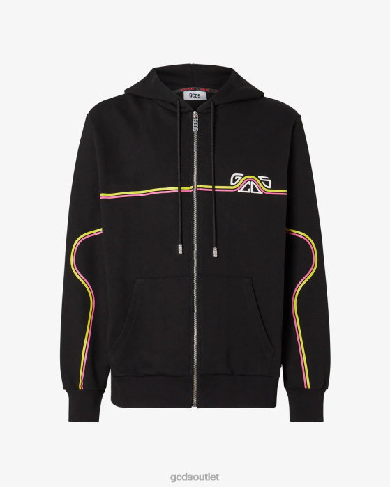 Men GCDS Waved Logo Zip-Up Regular Hoodie Black 0FVX67