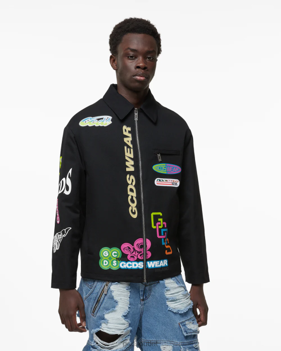 Men GCDS Hentai Canvas Coach Jacket Black 0FVX5