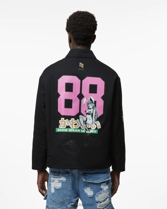 Men GCDS Hentai Canvas Coach Jacket Black 0FVX5