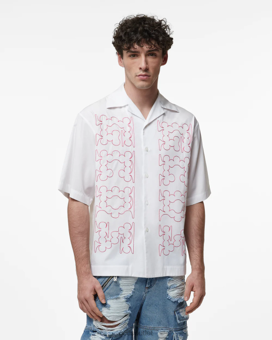 Men GCDS Embroidered Cotton Bowling Shirt White 0FVX91