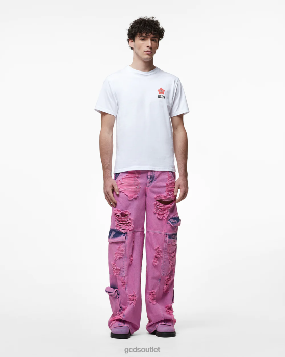 Men GCDS Bleached Ultracargo Denim Trousers Fuchsia 0FVX117