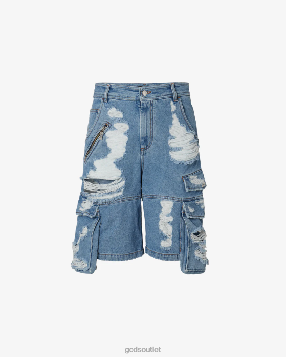 Men GCDS Ripped Ultracargo Denim Bermuda New Light Blue 0FVX125
