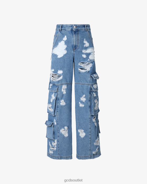 Men GCDS Ripped Ultracargo Denim Trousers New Light Blue 0FVX112