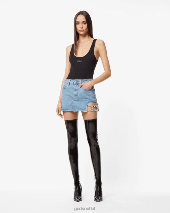 Women GCDS Bling Denim Skirt New Light Blue 0FVX432