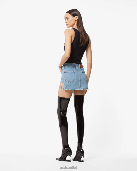 Women GCDS Bling Denim Skirt New Light Blue 0FVX432