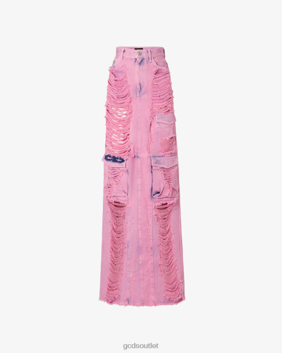 Women GCDS Denim Frayed Ultracargo Long Skirt Pink 0FVX433