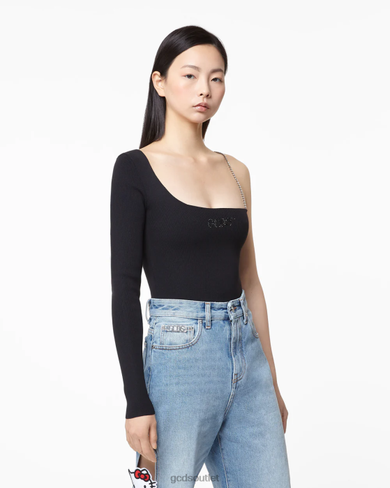 Women GCDS Bling One-Shoulder Bodysuit Black 0FVX384