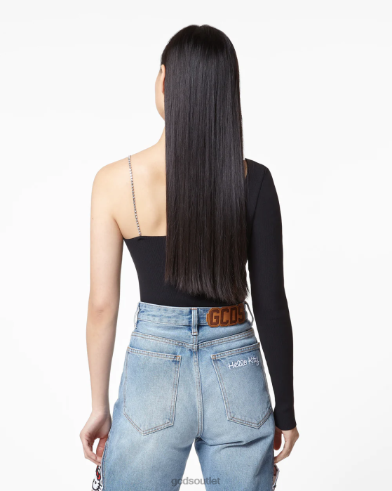 Women GCDS Bling One-Shoulder Bodysuit Black 0FVX384